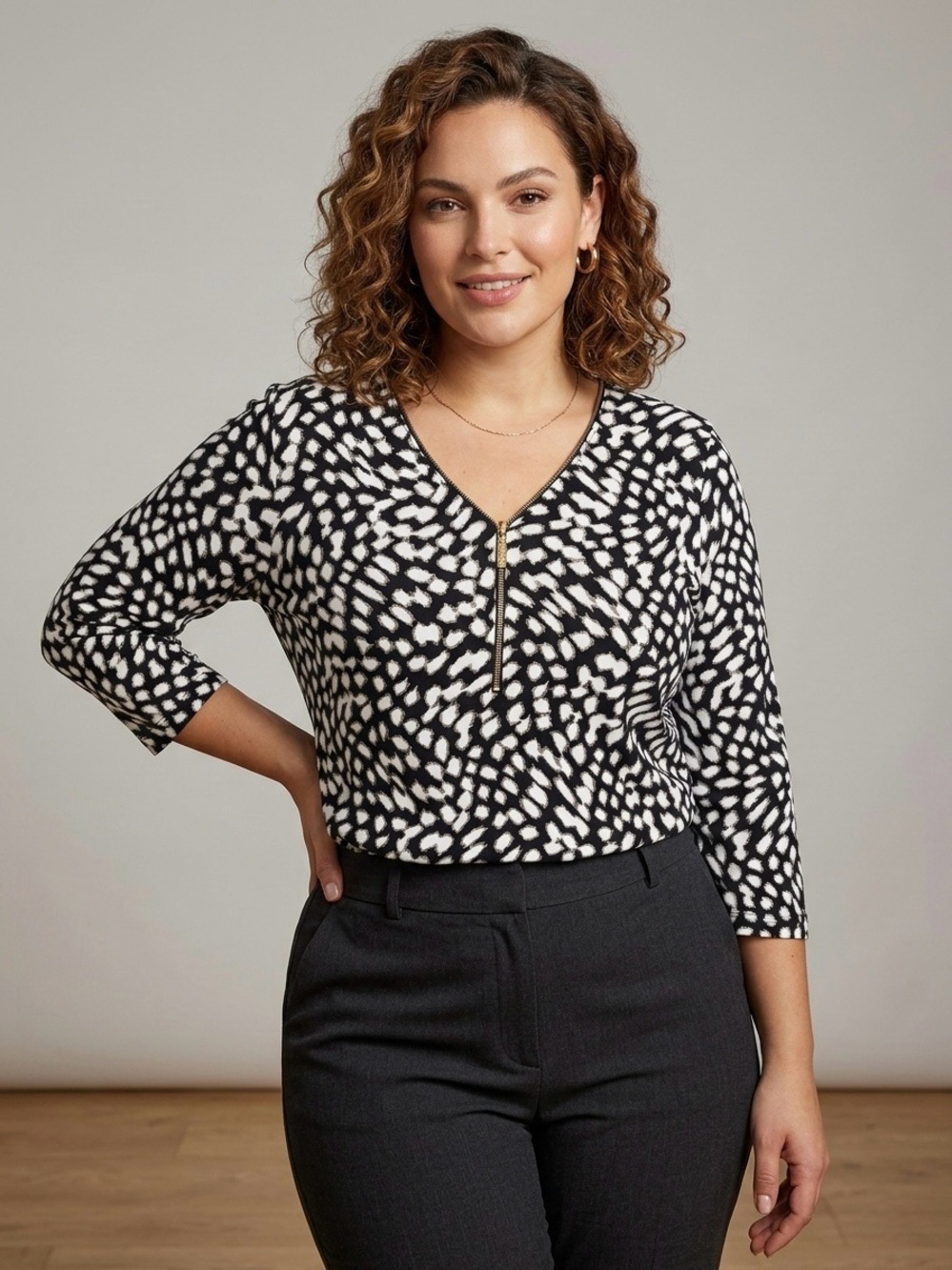 Rafaella Cotton Comfort Gold Zip Black White Abstract Blouse Top 3/4 Sleeve Sz L